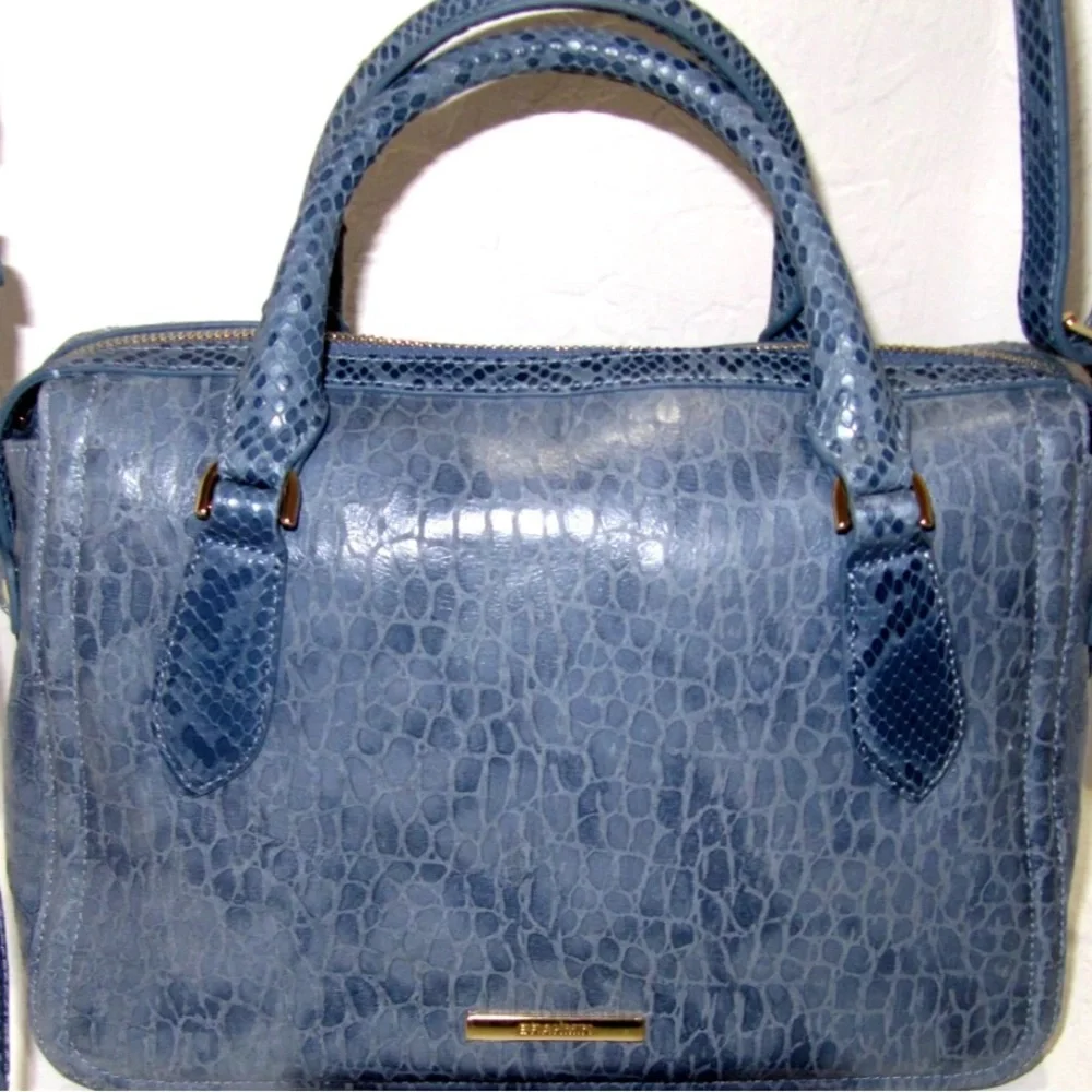 Brahmin Micaela Blue Snake Textured Genuine Leather Satchel